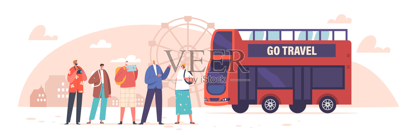 旅游和旅游概念。双层巴士之旅，欧洲旅游团。观光插画图片素材