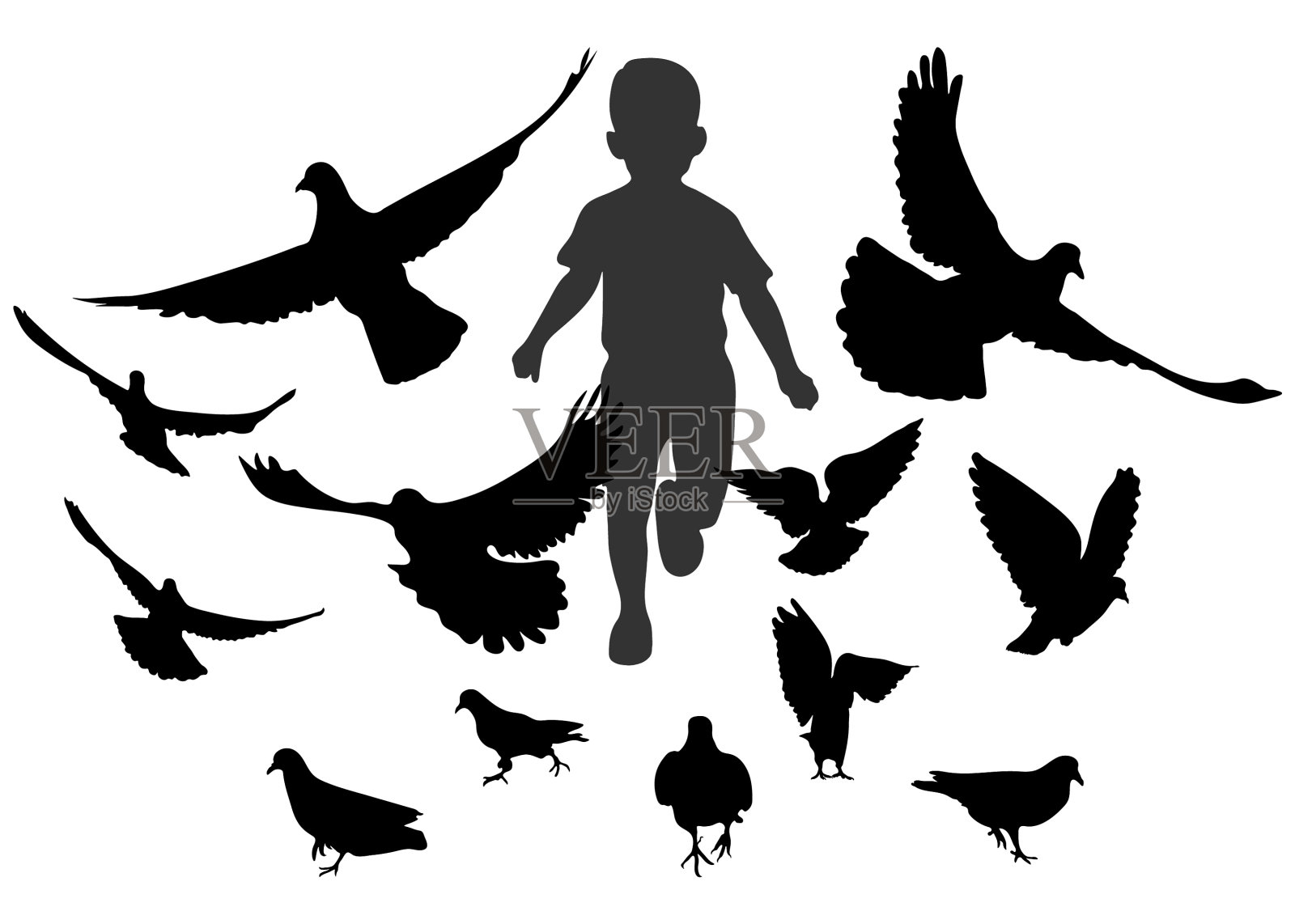 奔跑的男孩追逐鸟儿鸽子黑色的剪影插画图片素材