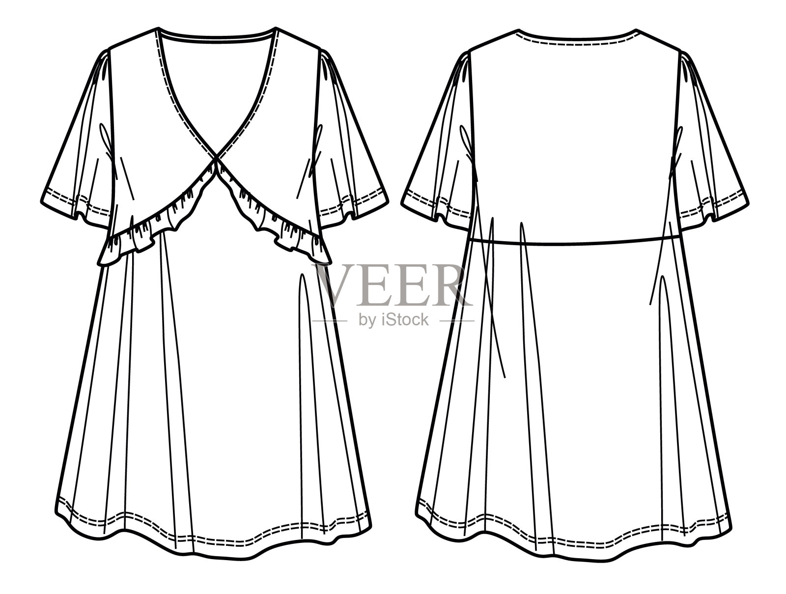 矢量造型时装CAD，女装夏装工艺图。加上尺码服装草图、模板插画图片素材