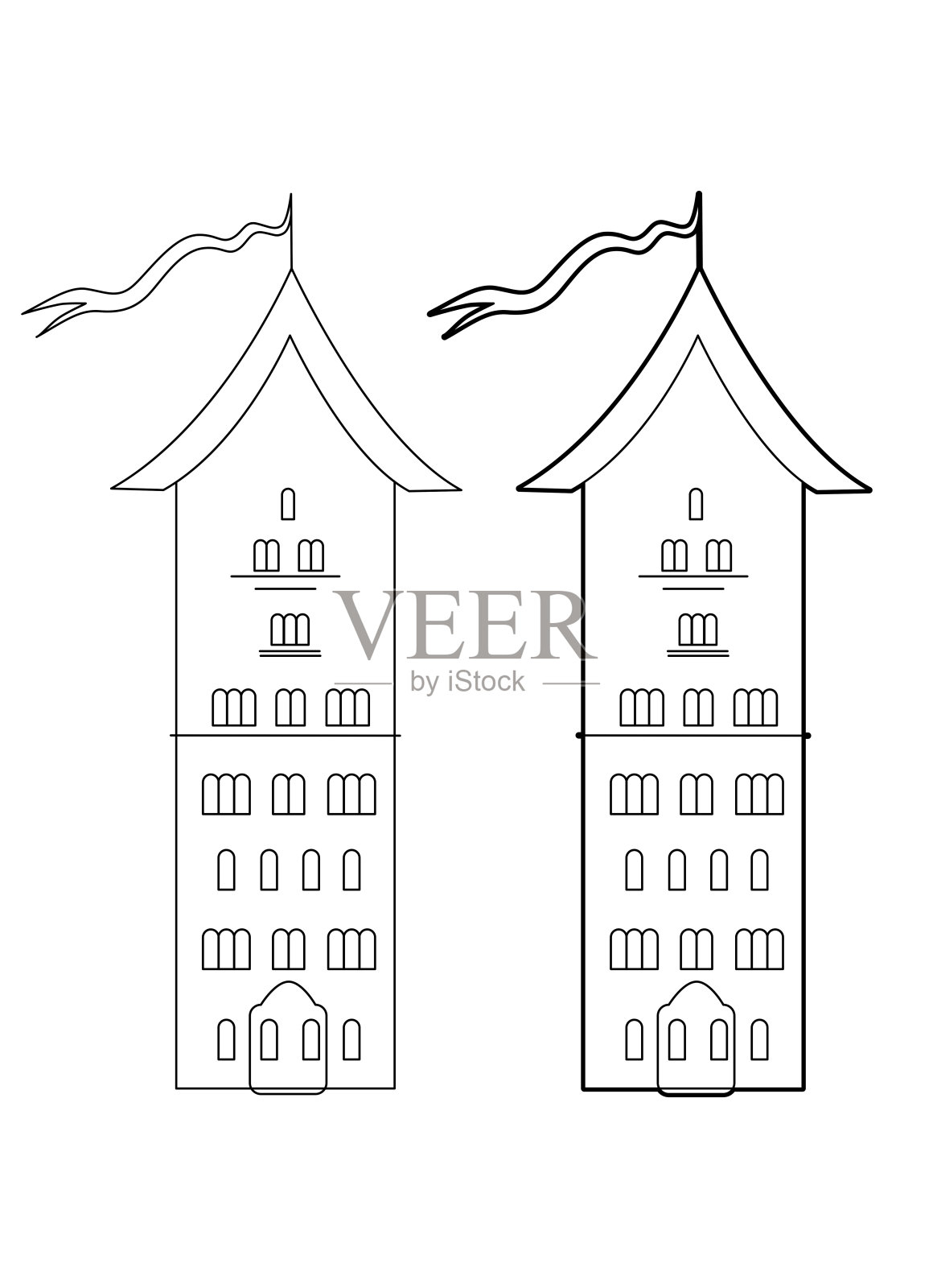 飘扬着旗帜的中世纪城堡。罗马式建筑。线的艺术。矢量插图孤立在白色背景上插画图片素材
