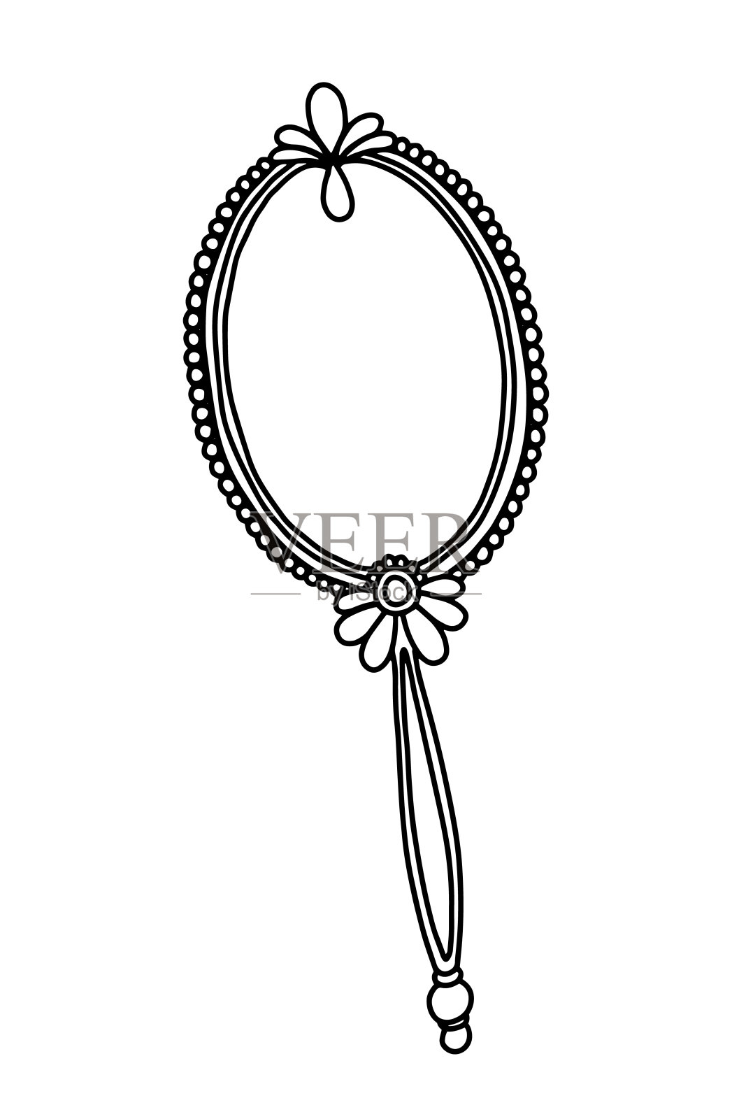 椭圆形复古镜子与处理。手工绘制的复古镜子。矢量插图的涂鸦附件为妇女孤立在白色背景。插画图片素材