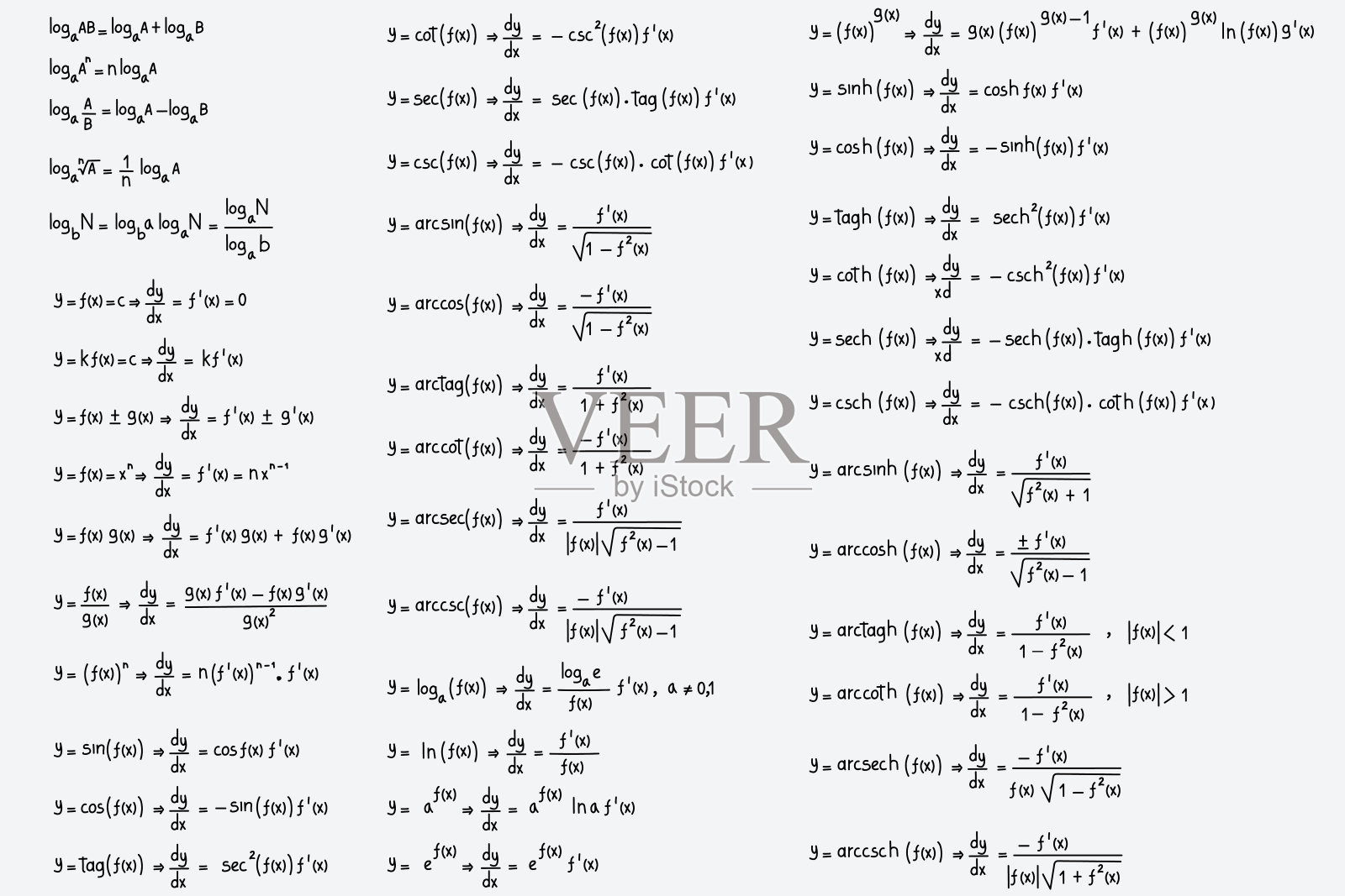 方程和公式的对数，导数，三角，对数，双曲和反在白色背景插画图片素材