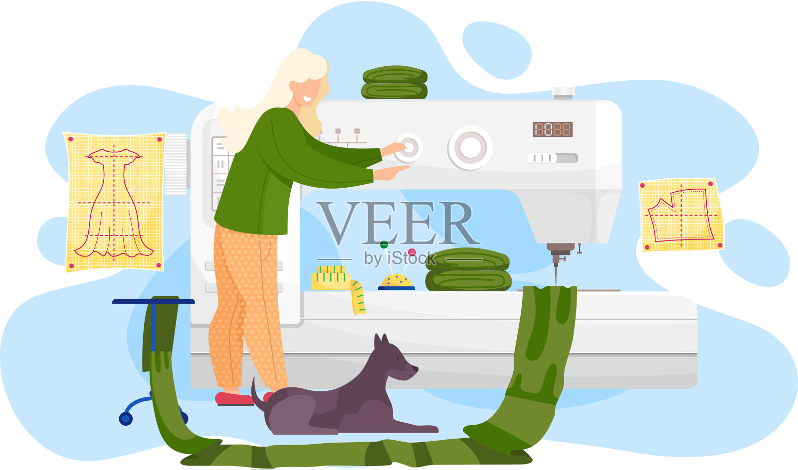 微笑的女时装设计师站在缝纫机旁，用绿色布料缝制一件衣服插画图片素材