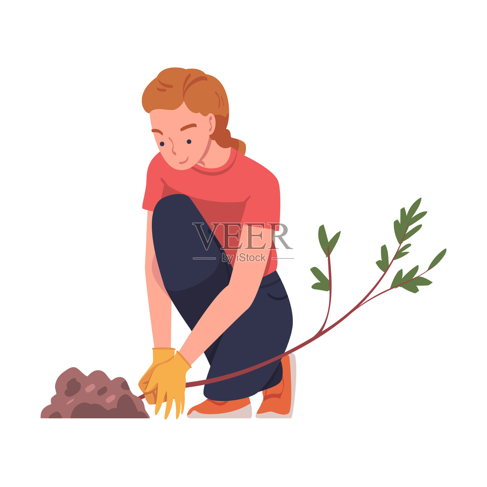 女性角色在土壤中种植树苗，照顾地球和自然矢量插图插画图片素材