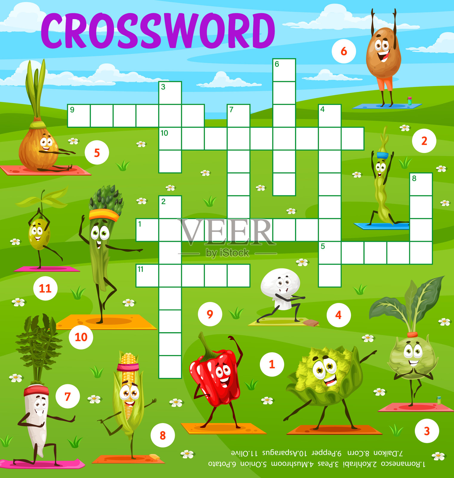 卡通蔬菜瑜伽纵横字谜游戏插画图片素材