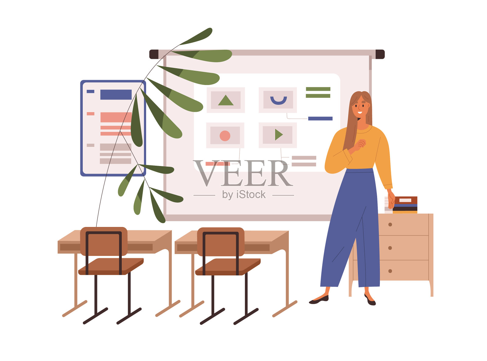 学校老师站在空荡荡的教室里设计元素图片