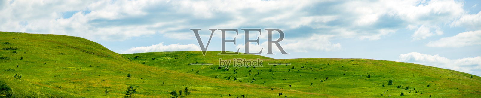 风景的绿色草地在山坡上与蓝天和云的背景。照片摄影图片