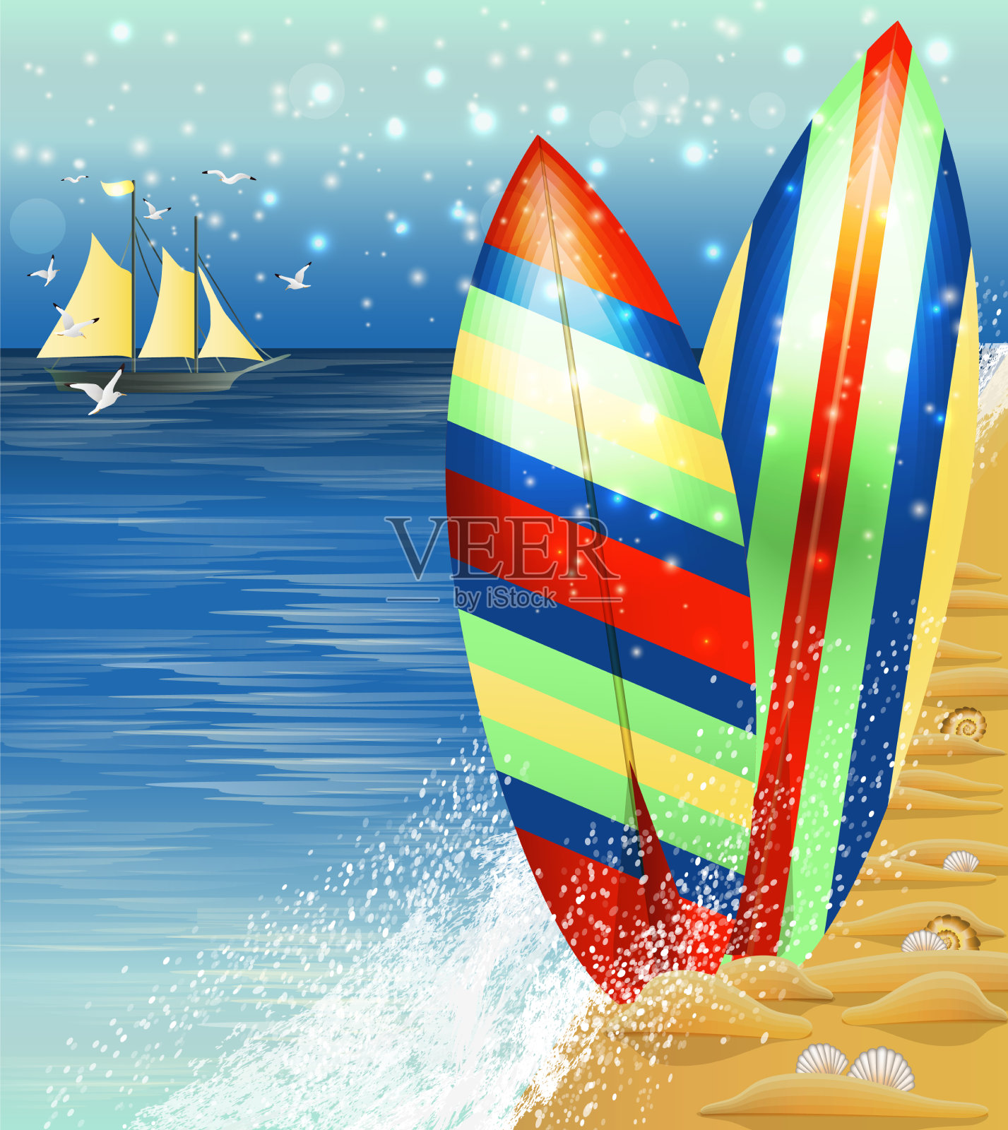 夏天的海滩上有冲浪板的热带卡片插画图片素材