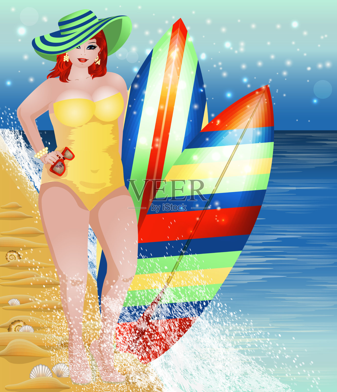 还有一个带冲浪板的美女插画图片素材