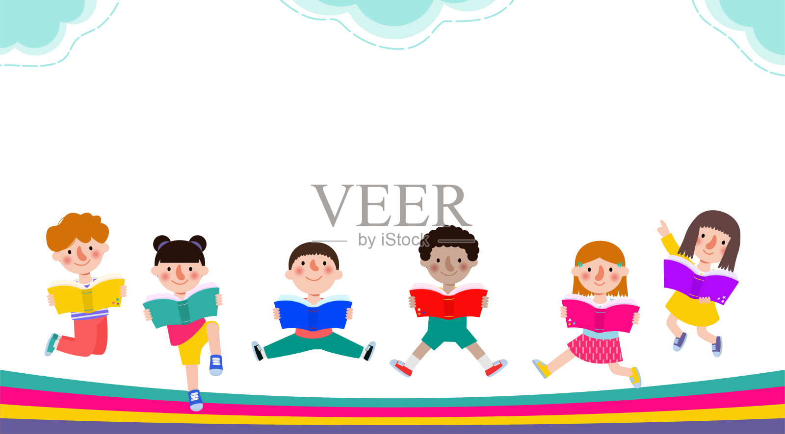 回校带孩子读书读书教育理念，卡通快乐儿童背景横幅模板广告宣传册，您的文字，儿童和框架分离矢量插图插画图片素材