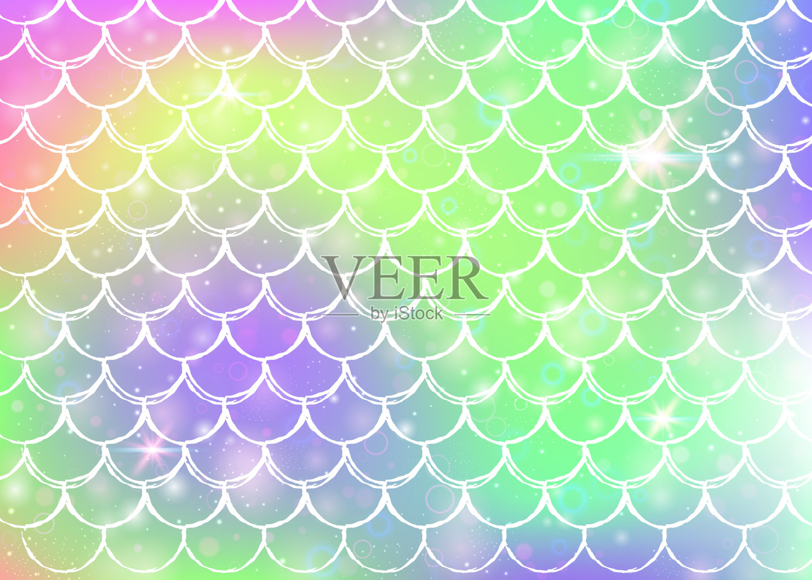彩虹鳞片背景与卡哇伊美人鱼公主图案。插画图片素材