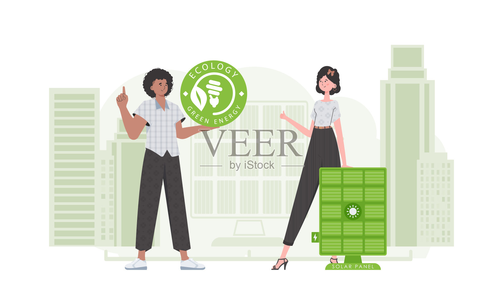 男人和女人和太阳能电池板。生态能源的概念。向量。插画图片素材