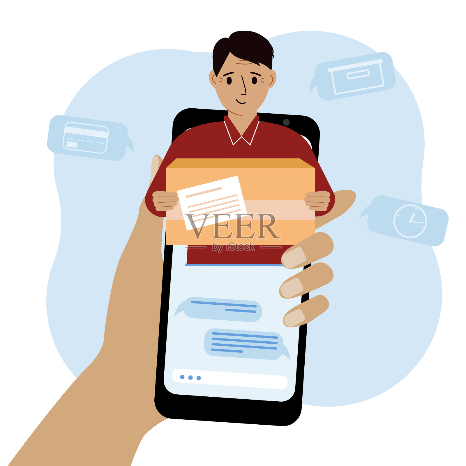 在线咨询送货事宜。手机与快递服务通信。拿着盒子的快递员。插画图片素材