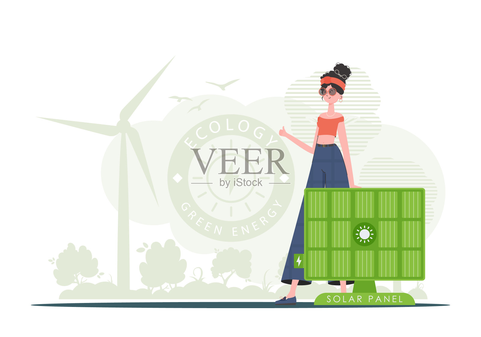 生态能源的概念。这个女孩站在太阳能电池板附近。矢量插图。插画图片素材