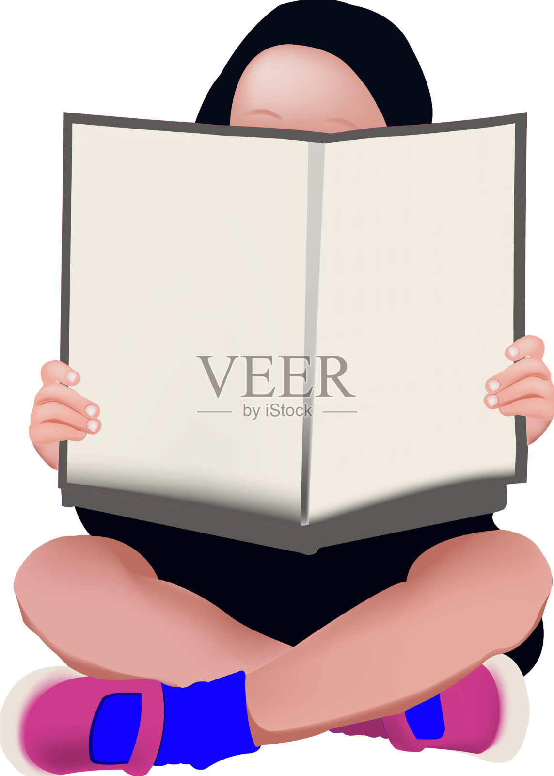 小女孩盘腿坐着看书插画图片素材