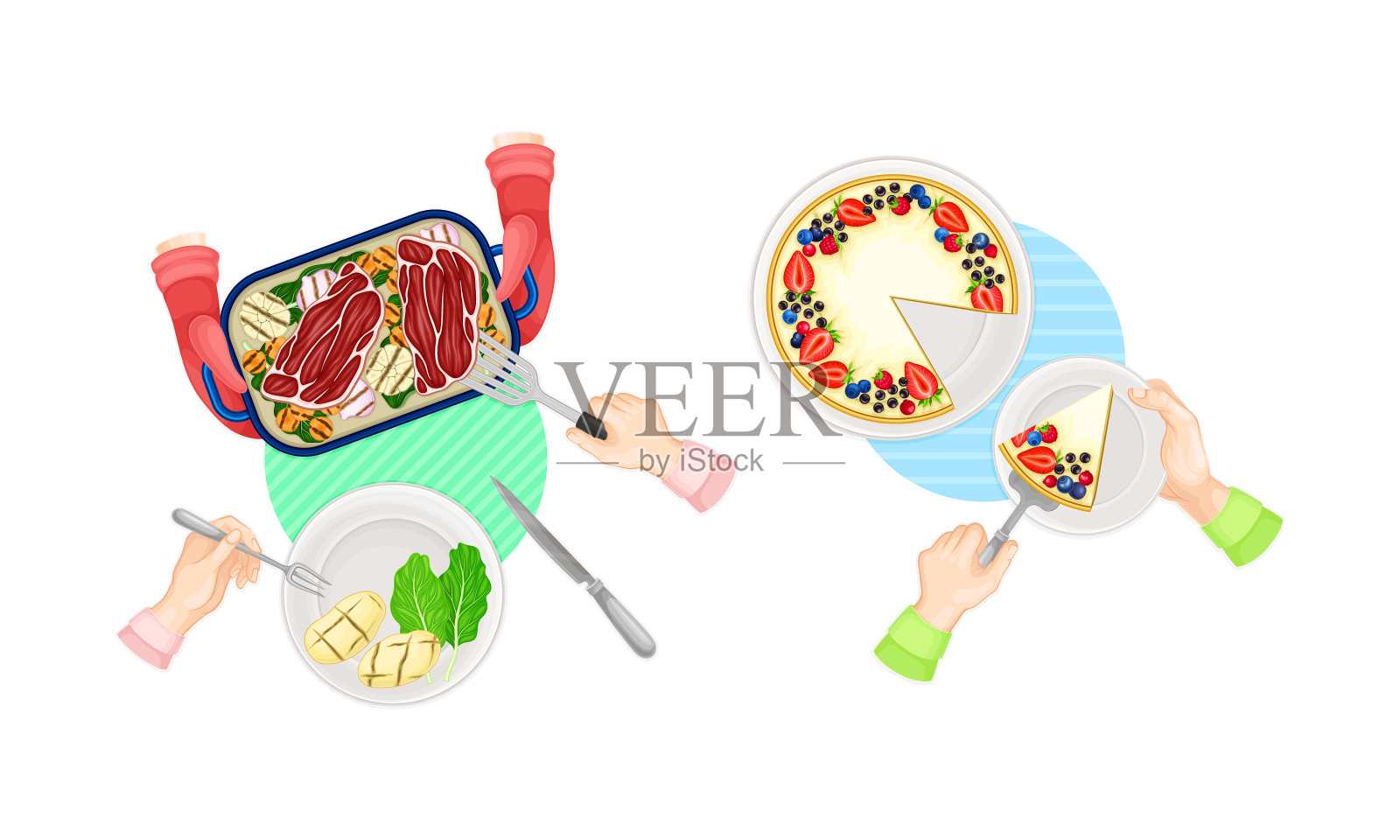 俯视图美味的菜肴和人的手设置插画图片素材