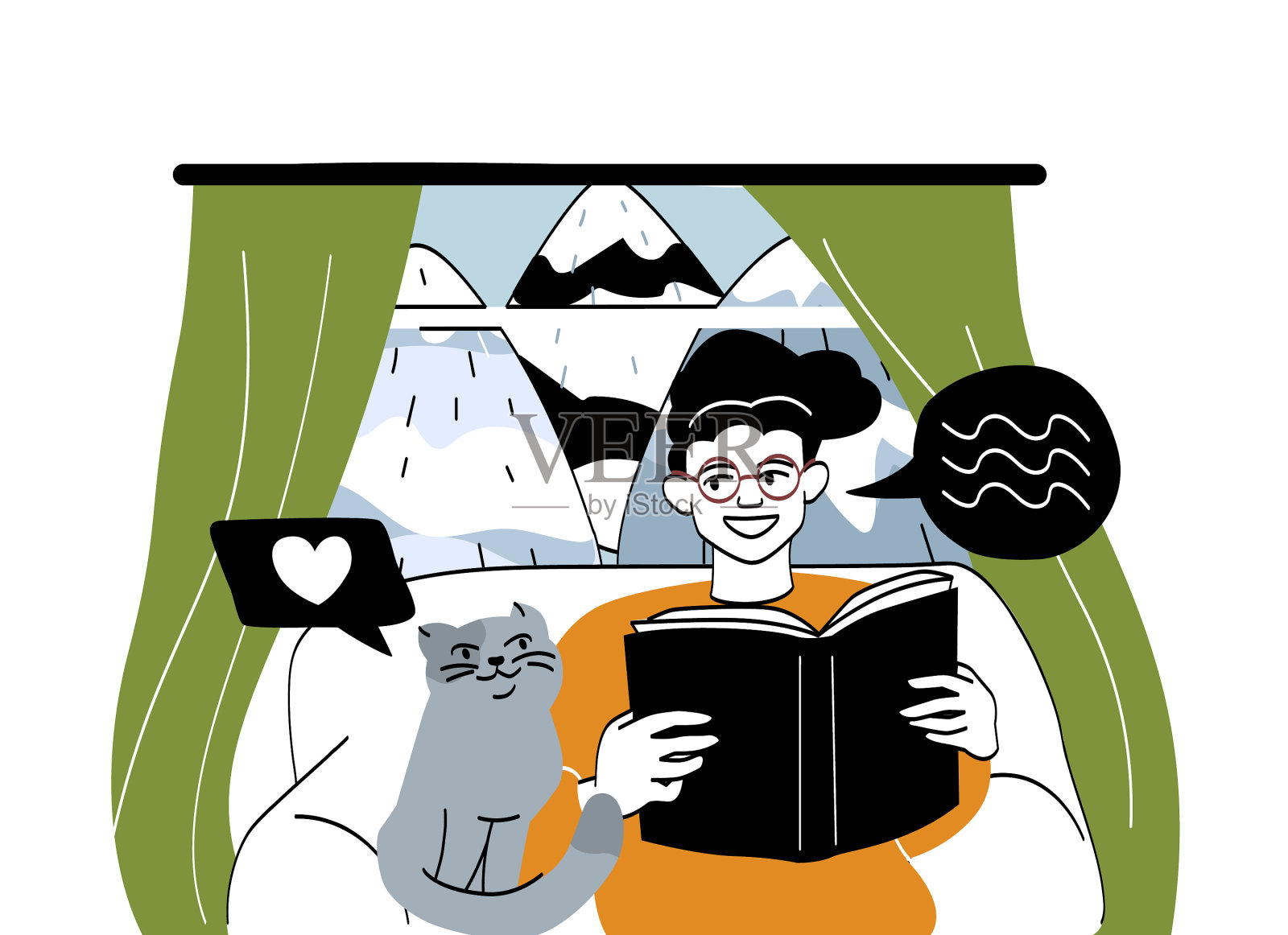 女孩阅读书插画图片素材