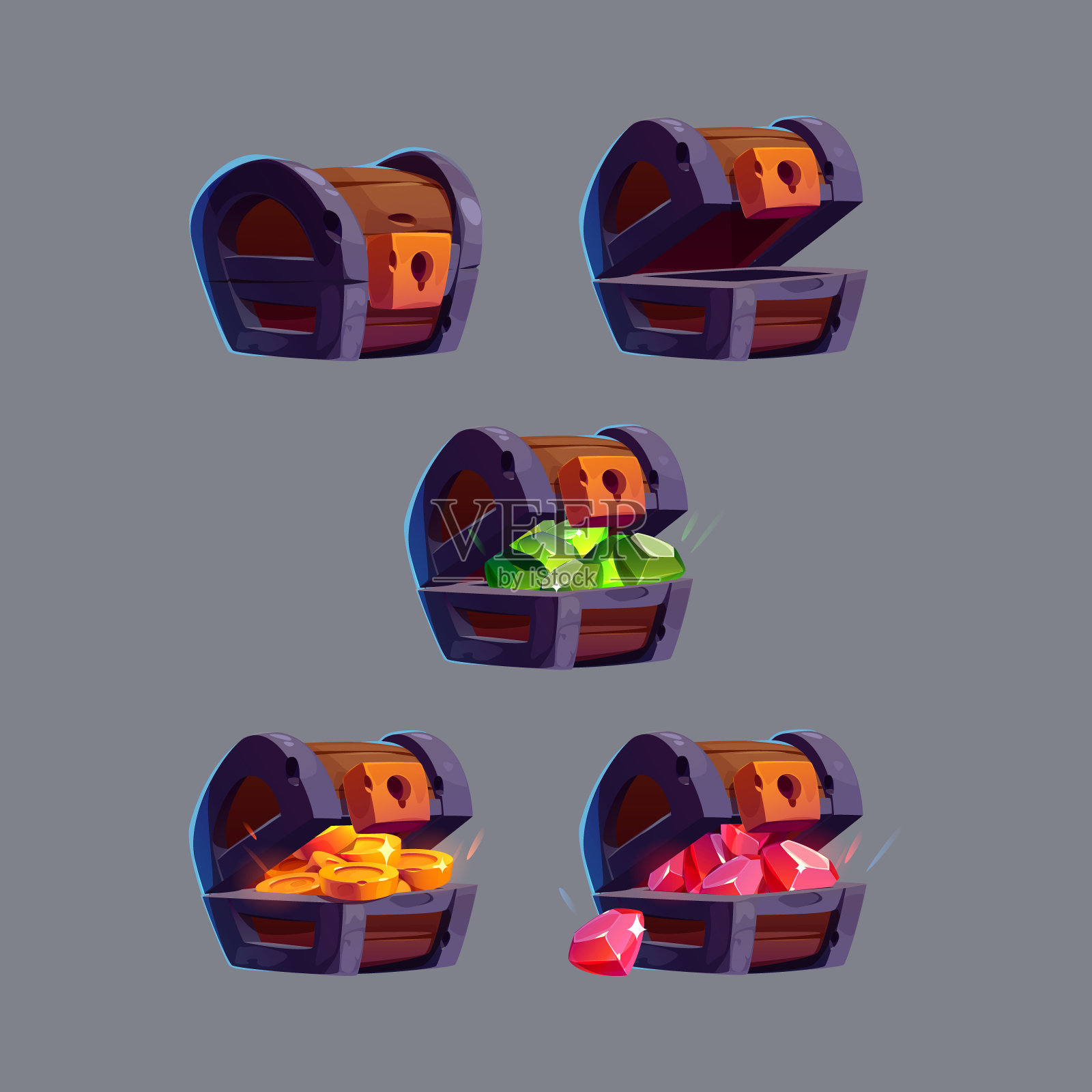装有金币、宝石、游戏图标的宝箱插画图片素材