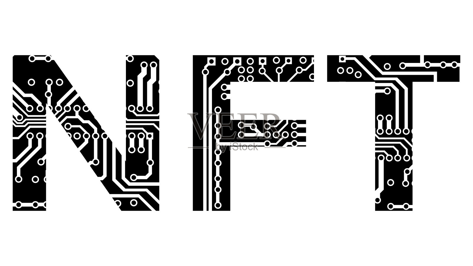 字剪影非傅立叶非可替换令牌穿孔与PCB电路板轨道隔离在白色背景。现代数字风格。购买游戏或美术中的独特收藏品。设计元素。插画图片素材