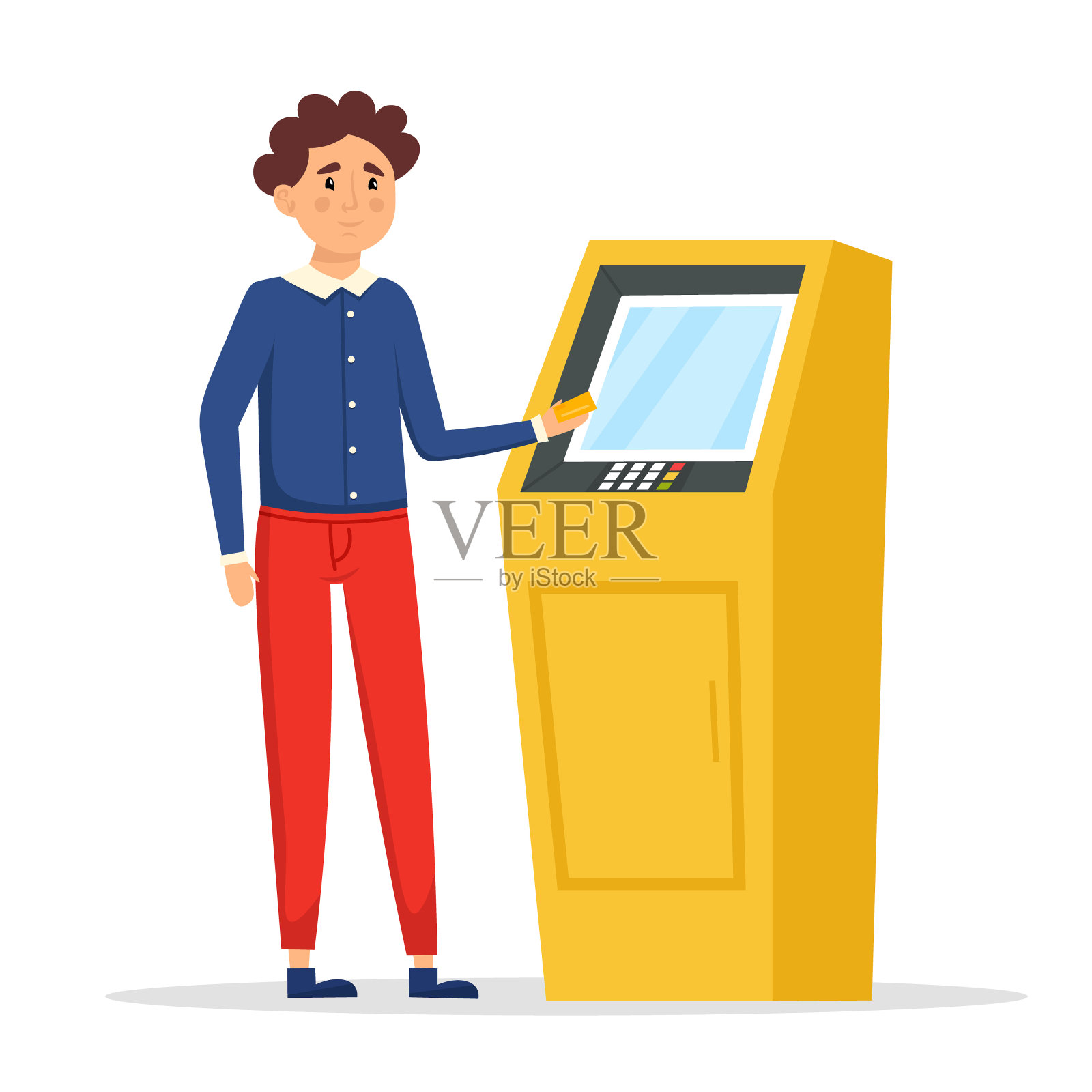 站在自动提款机旁的年轻人。银行终端。金融交易。插画图片素材