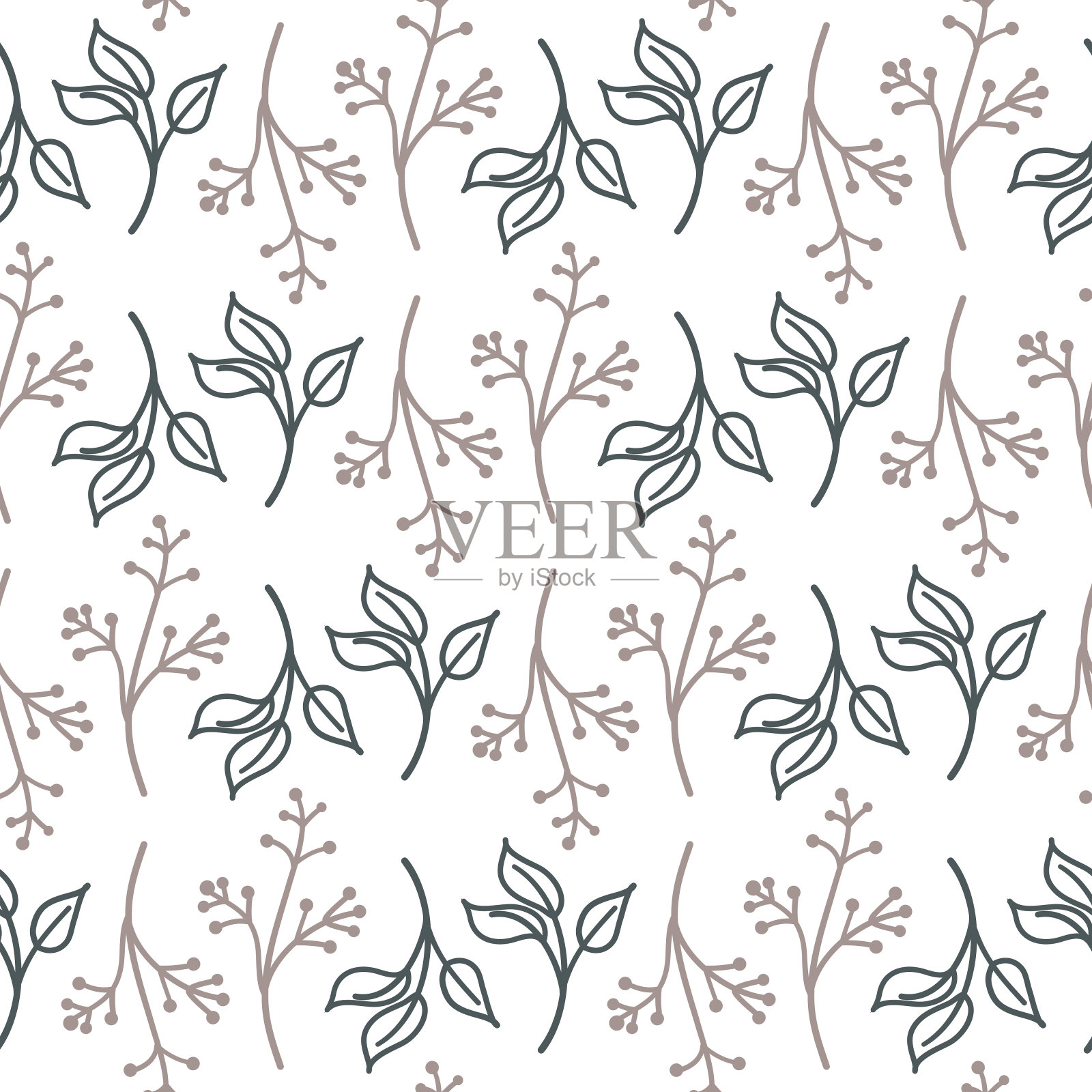 灰色白色的嫩枝草与浆果无缝图案矢量插图插画图片素材