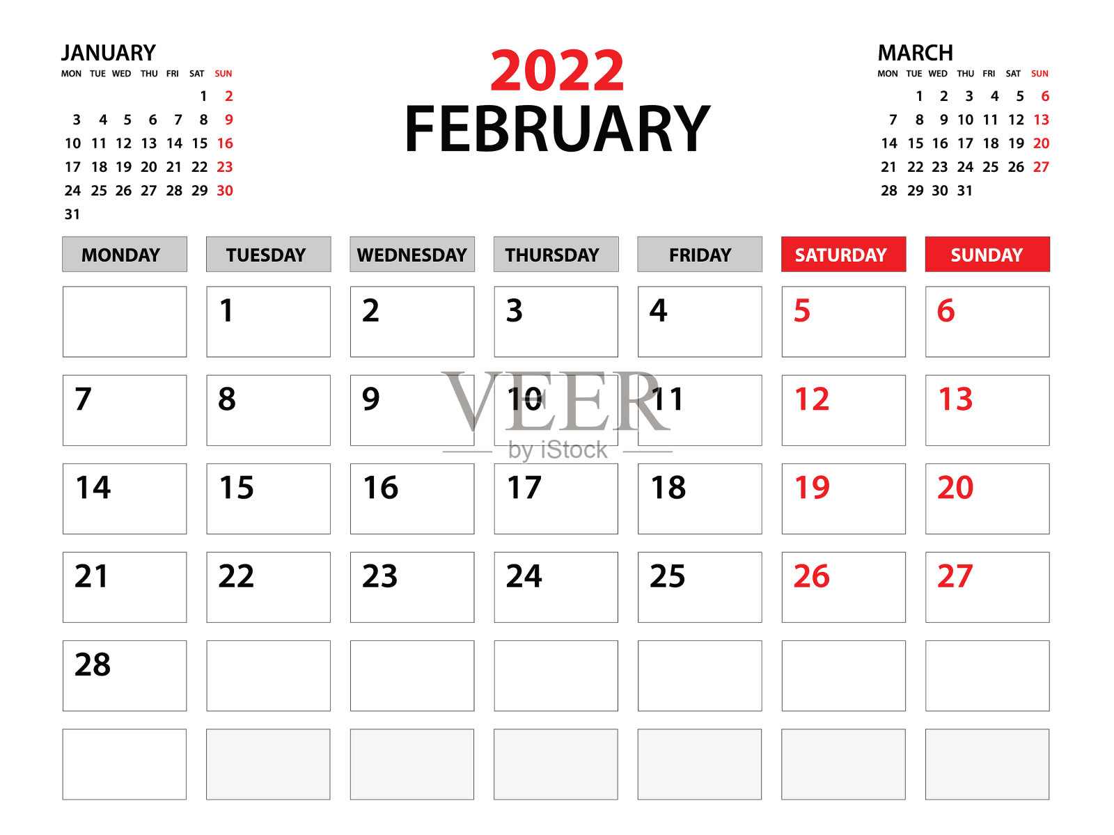 日历2022模板- 2022年2月插画图片素材