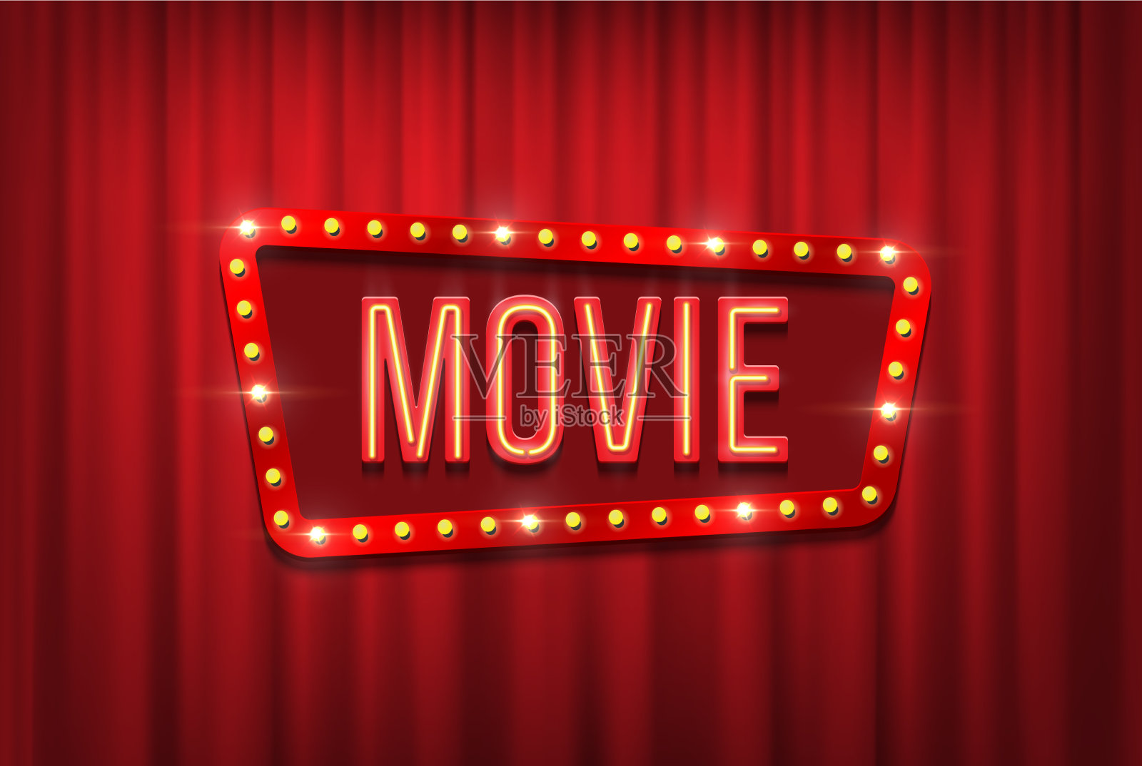 复古电影标志与灯泡框架上的红色窗帘插画图片素材