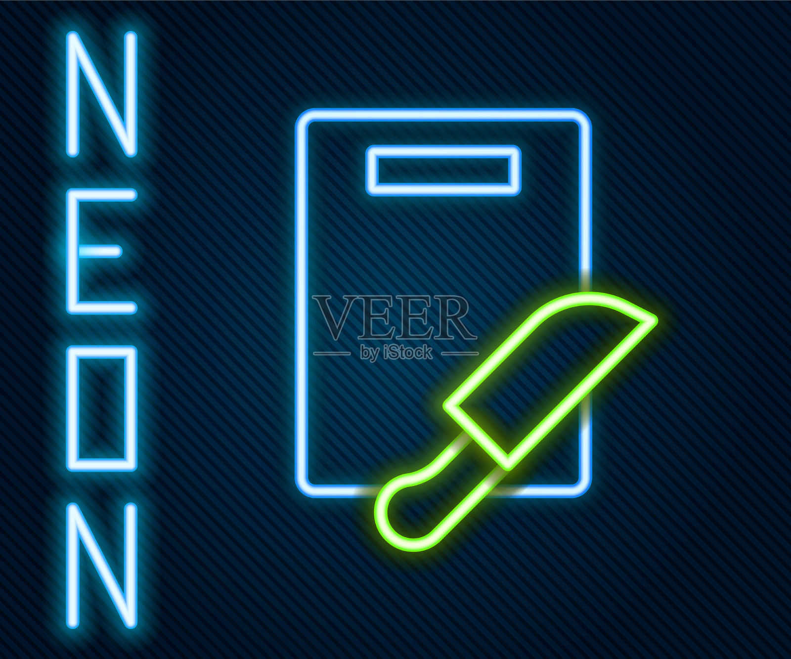 发光的霓虹灯线切菜板和刀图标插画图片素材