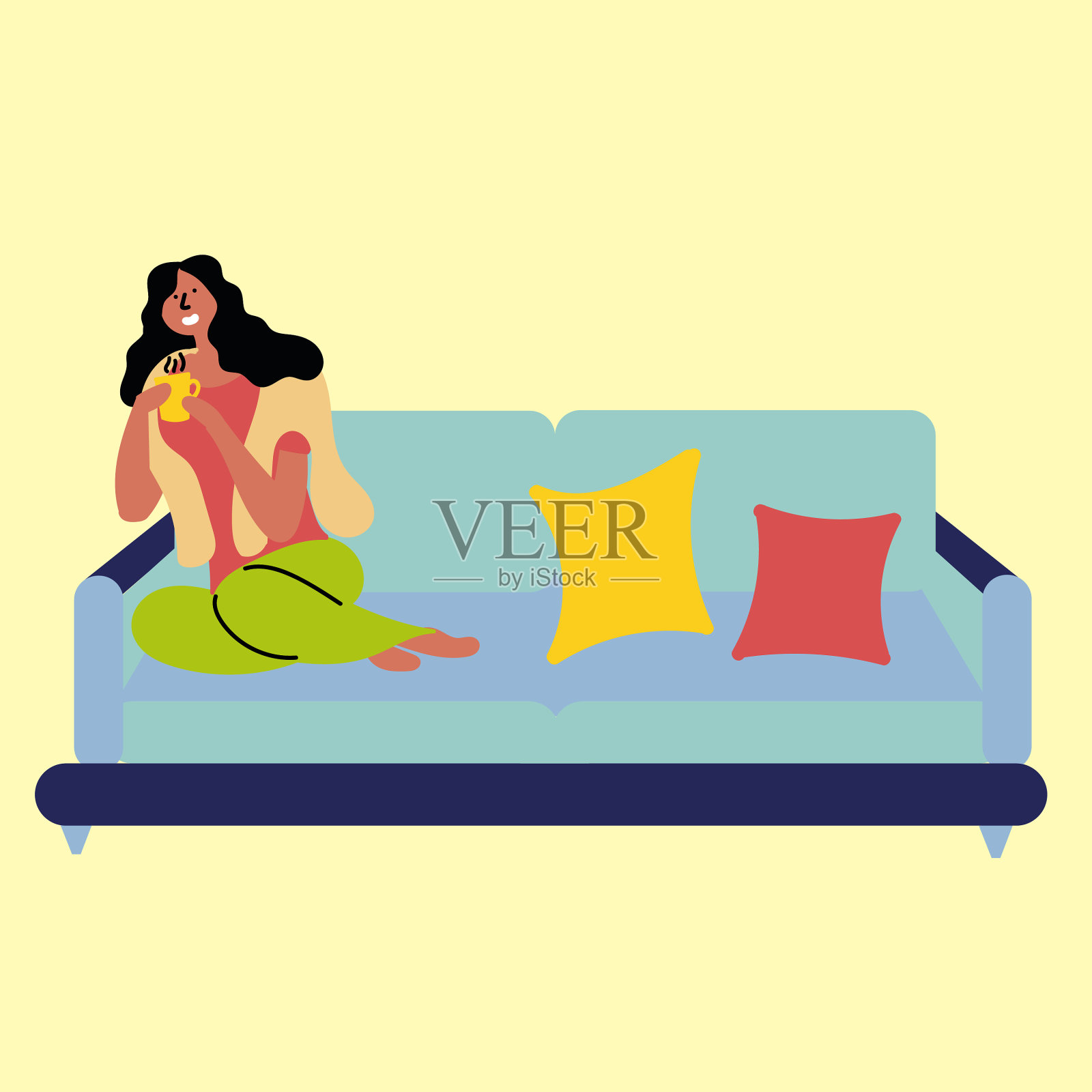 女孩坐在沙发上，享受着一股清香插画图片素材