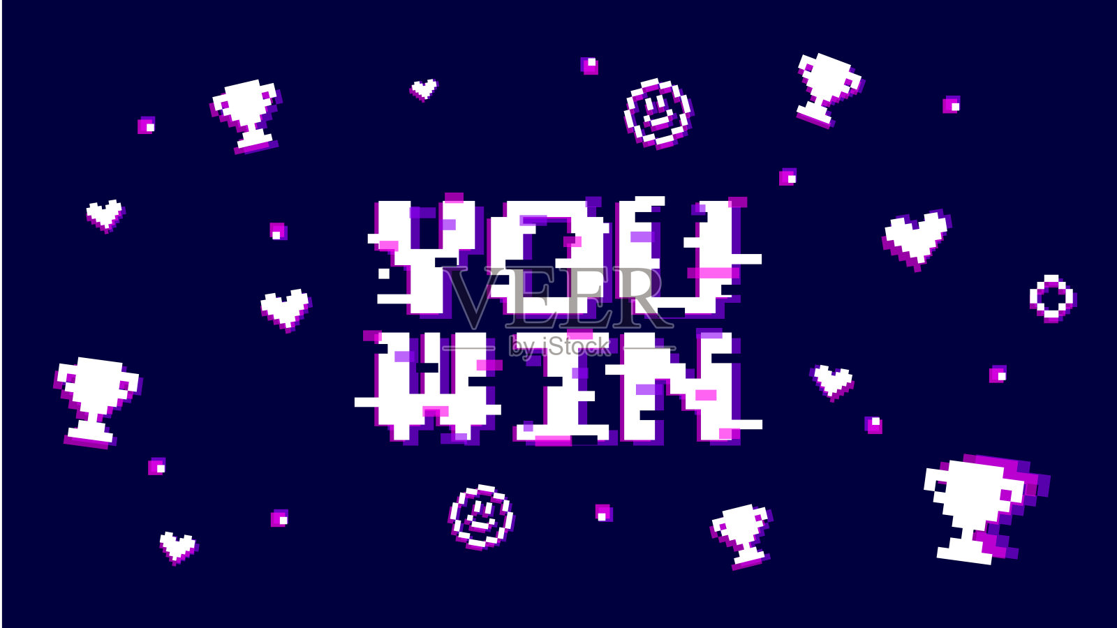 赢得庆祝插图。丰富的紫色背景与文本，你赢得和图标在glitch错误风格。模板横幅网站，海报或流。插画图片素材