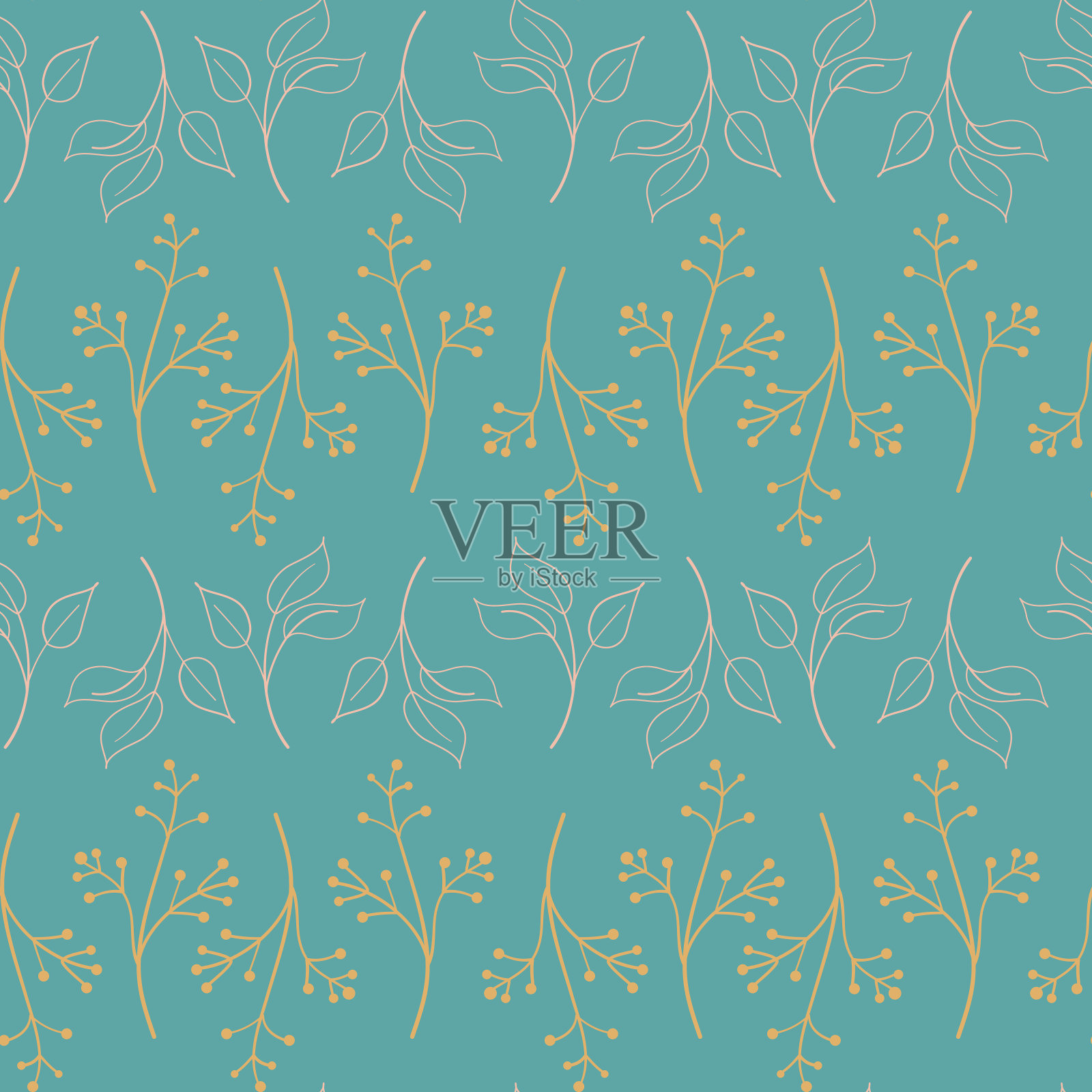 有机草本嫩枝与浆果绿色无缝模式矢量插图插画图片素材