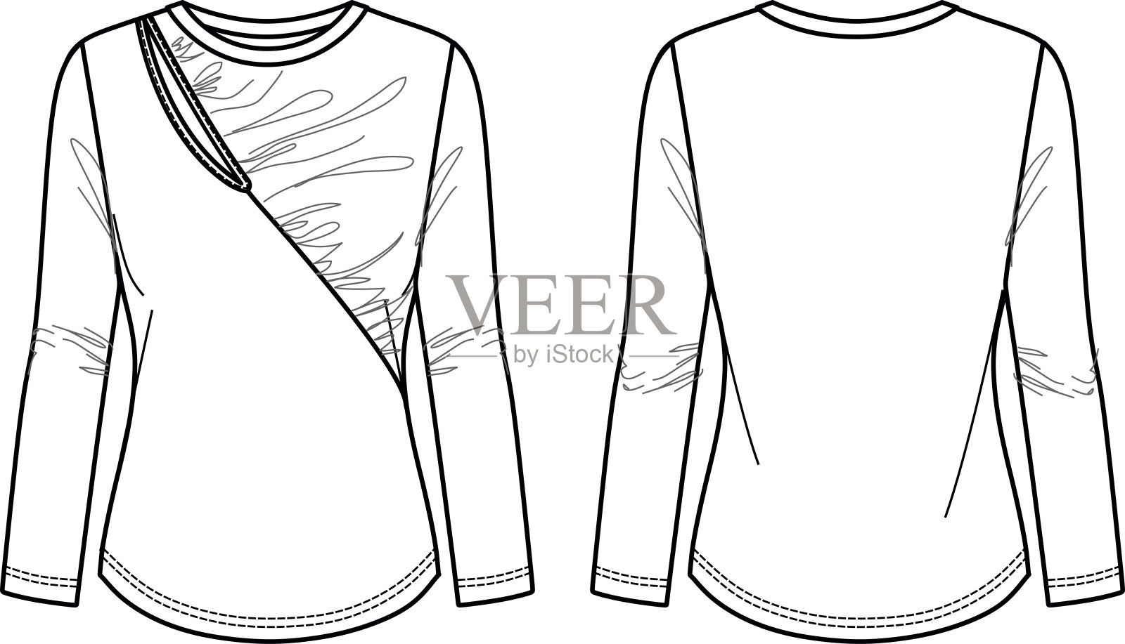 矢量圆领长袖上衣时尚CAD，女人冬季t恤技术图纸，顶部与褶边和剪纸细节平，模板，草图。泽西衬衫，前后视图，白色插画图片素材