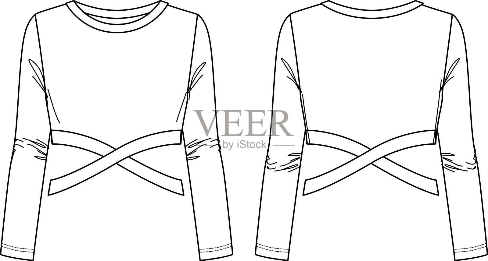 长袖T恤裁剪时尚CAD矢量图（女士冬季圆领露脐上衣）插画图片素材