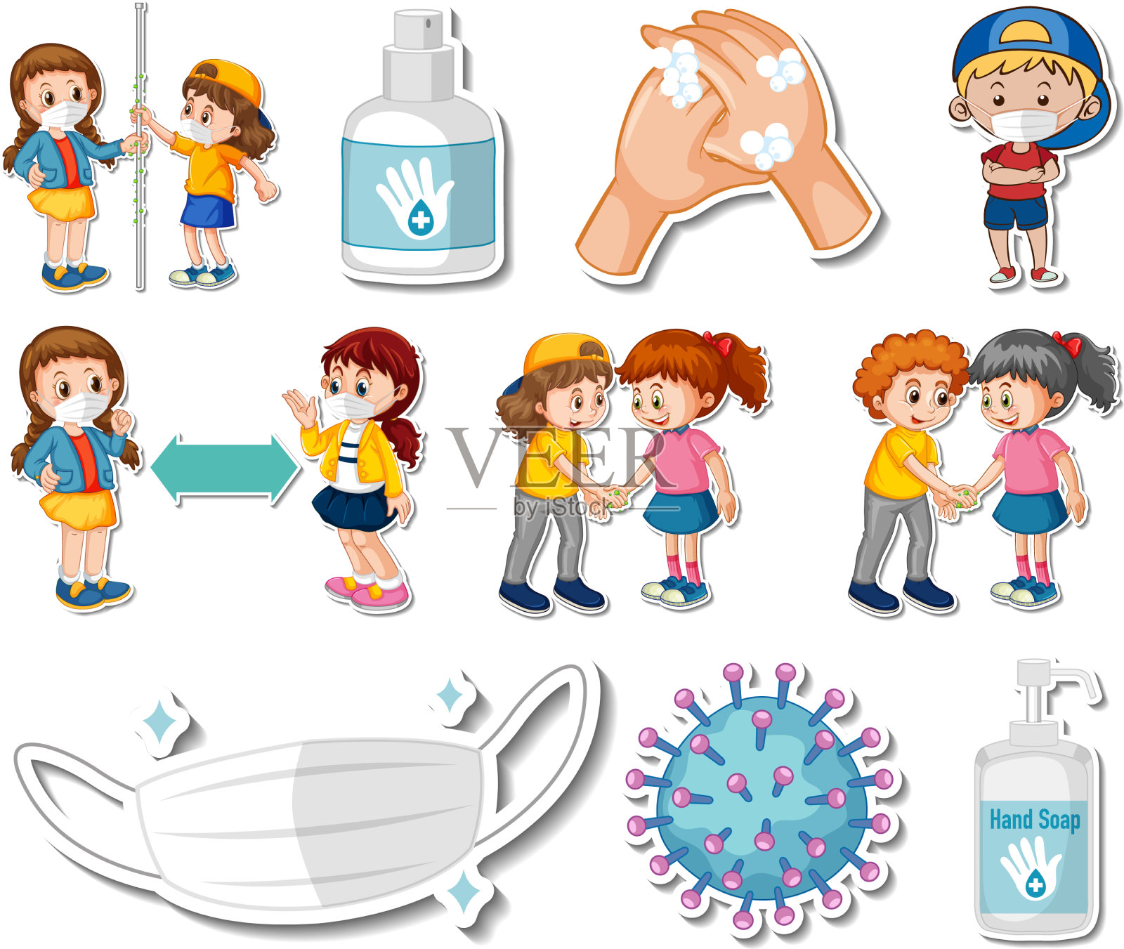 2019冠状病毒病图标和卡通贴纸套装插画图片素材