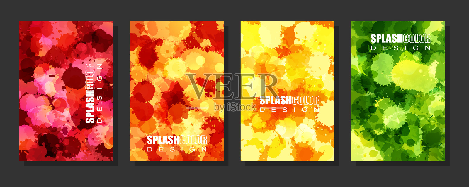 彩色抽象垂直背景与油漆飞溅纹理。流墨艺术风格横幅收藏。红色，橙色，绿色和黄色的传单。设计模板素材