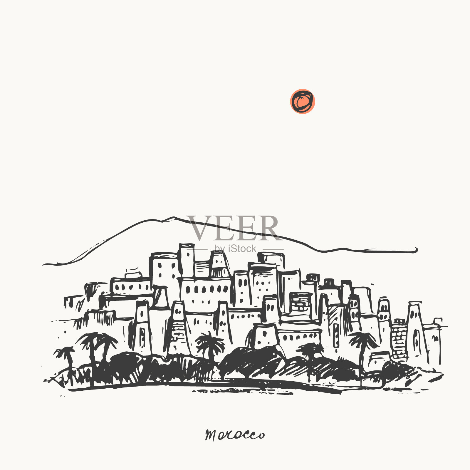 手绘摩洛哥城市建筑的城市草图插画图片素材