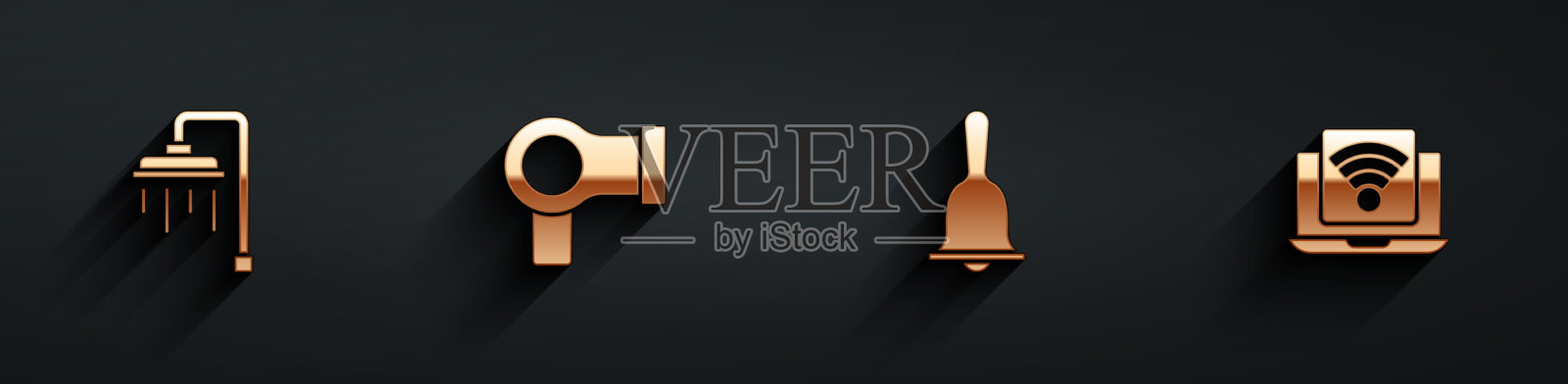 设置淋浴、吹风机、酒店服务铃和图标素材