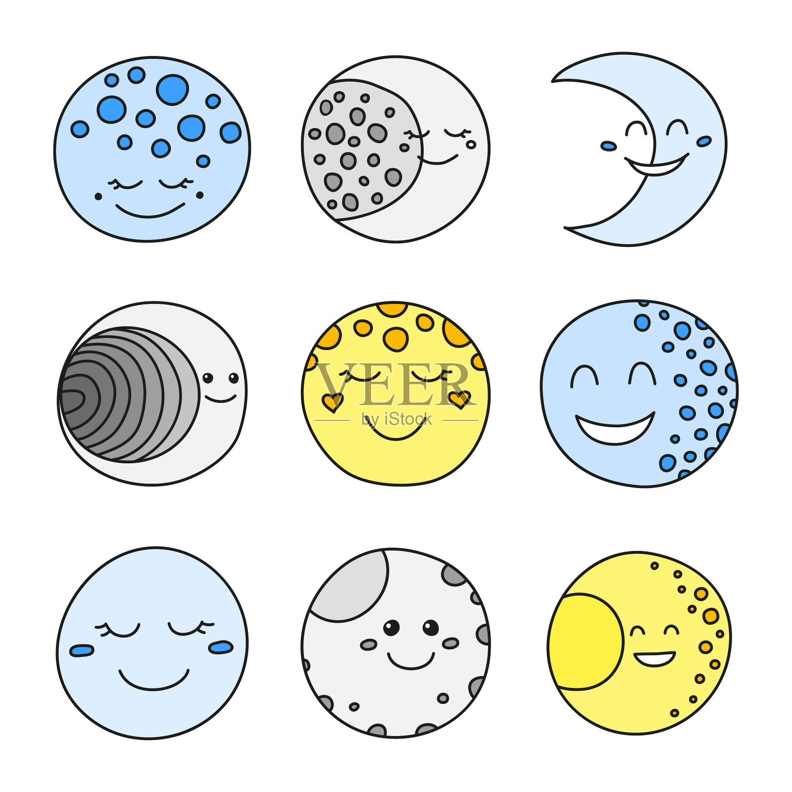 一套涂鸦月亮快乐的图标图标素材
