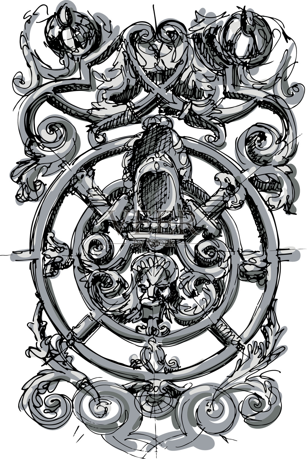 巴洛克风格的装饰，带有骑士的圆形装饰和一头咆哮的狮子插画图片素材