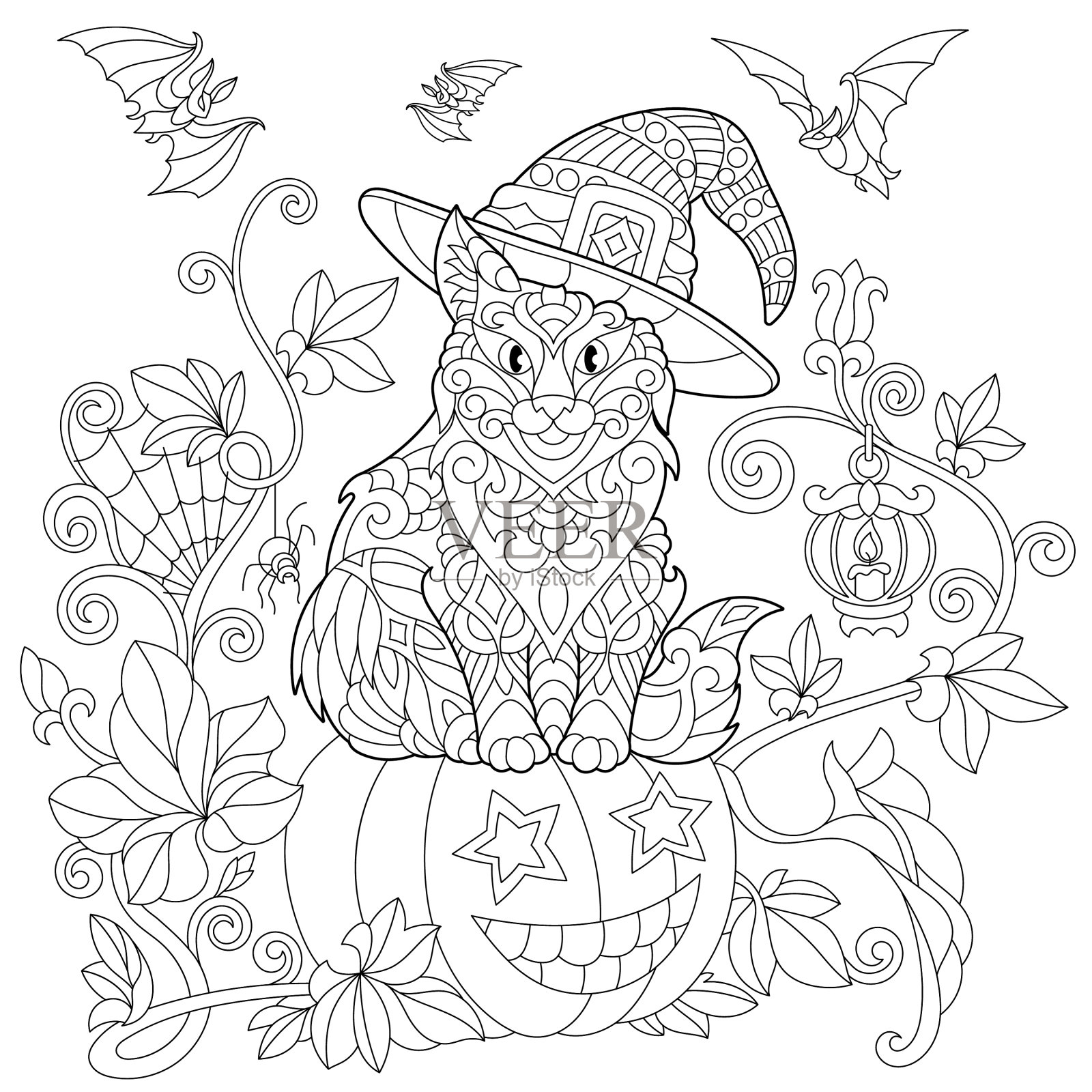 Zentangle风格的万圣节猫设计元素图片