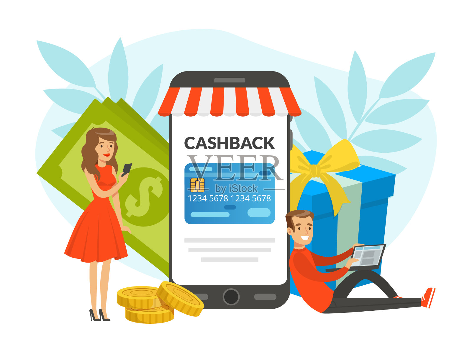 快乐的男人和女人的角色做购物和接受现金与智能手机应用矢量插图插画图片素材