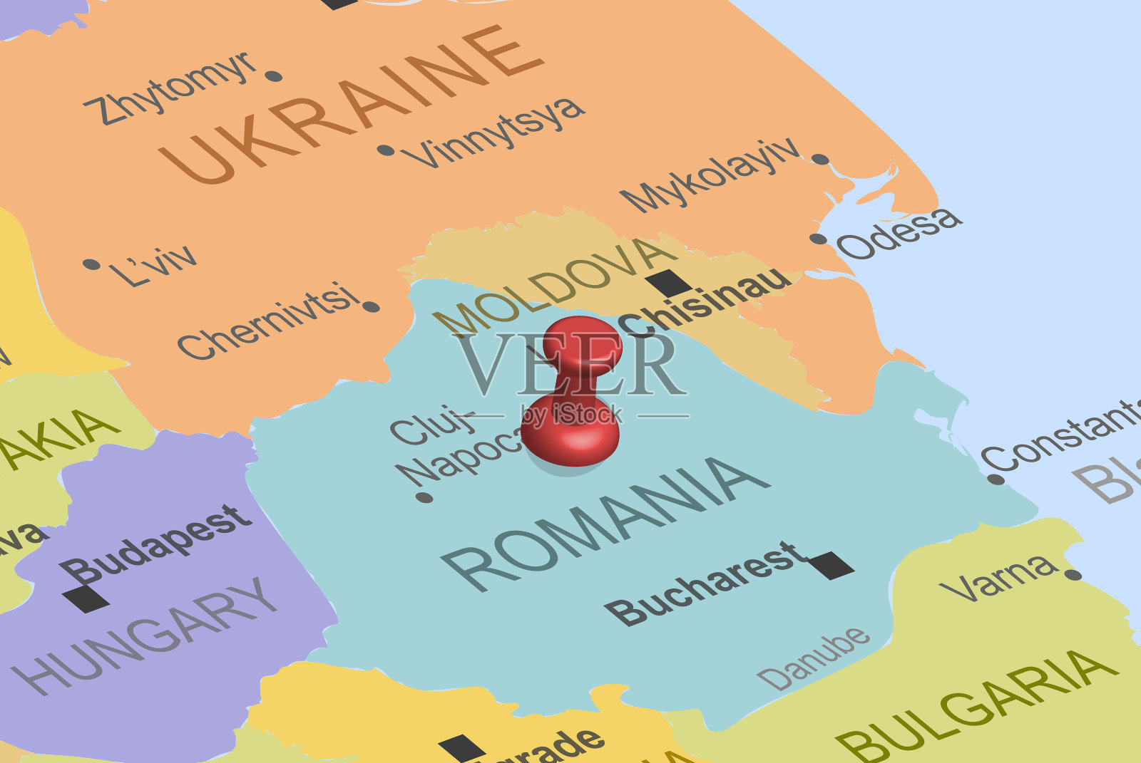 罗马尼亚与红色紧固件图钉在欧洲地图上，接近罗马尼亚，旅游的想法，彩色地图与位置图标，度假的概念插画图片素材