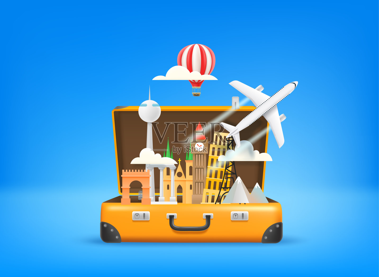 旅行箱与世界著名景点的季节旅行概念。向量的三维演示插画图片素材