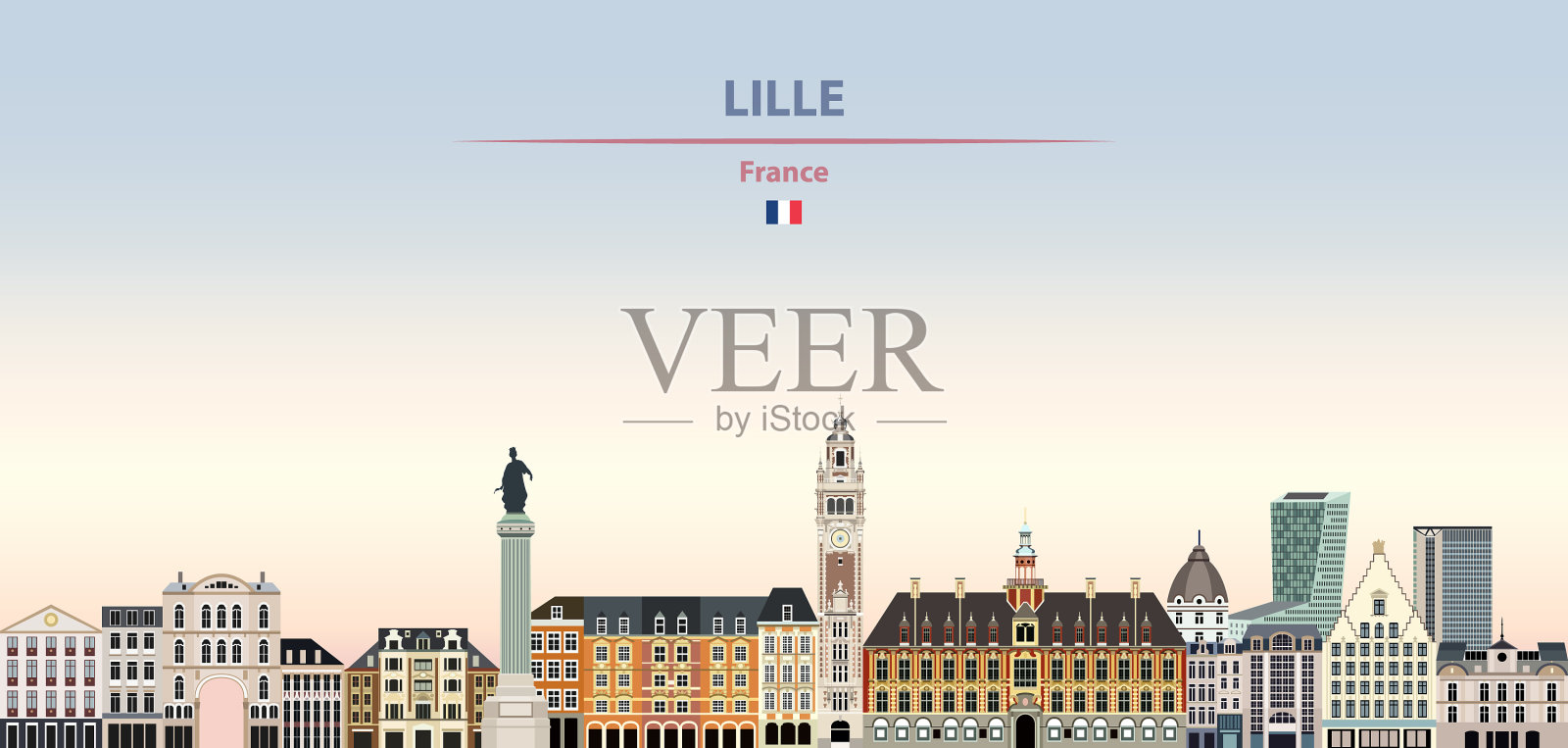 里尔城的天际线上色彩斑斓，梯度美丽插画图片素材