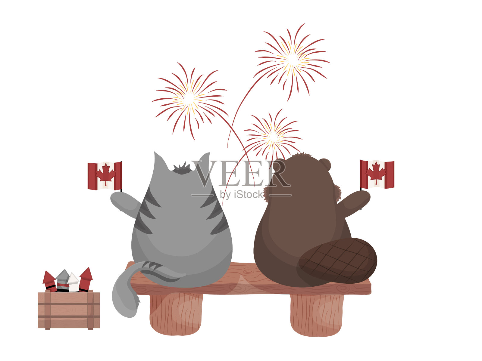 灰色的不爽猫和海狸在看烟花插画图片素材