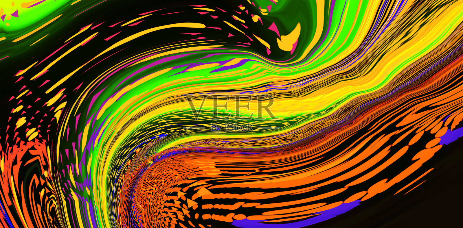明亮的流体黄橙黑霓虹绿背景。抽象的液体波。艺术迷幻数码屏幕。庆祝活动背景。皇家闪光的旗帜。模板。豪华质感。创造性的传单。壁纸插画图片素材