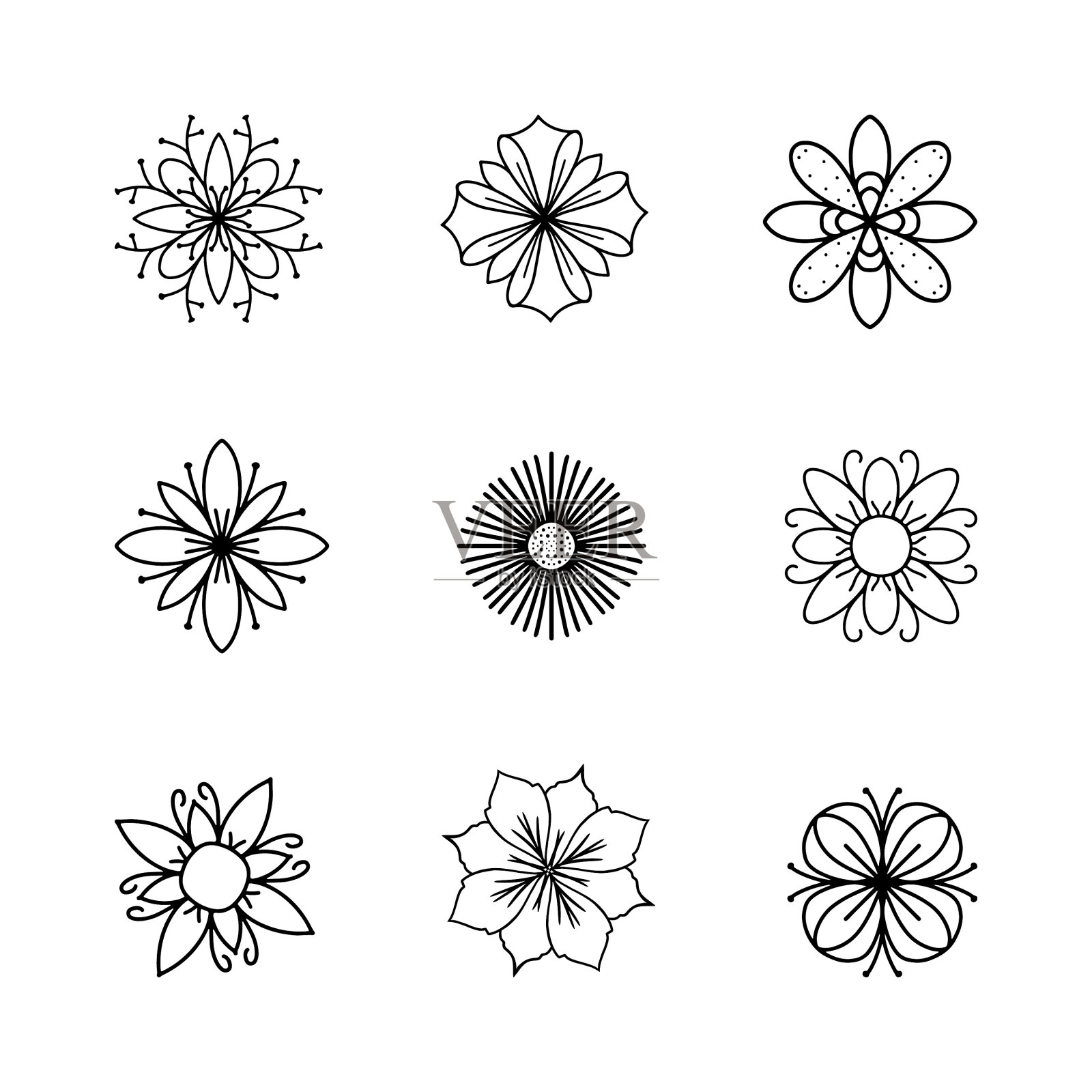 一组涂鸦单一的花朵元素图标素材