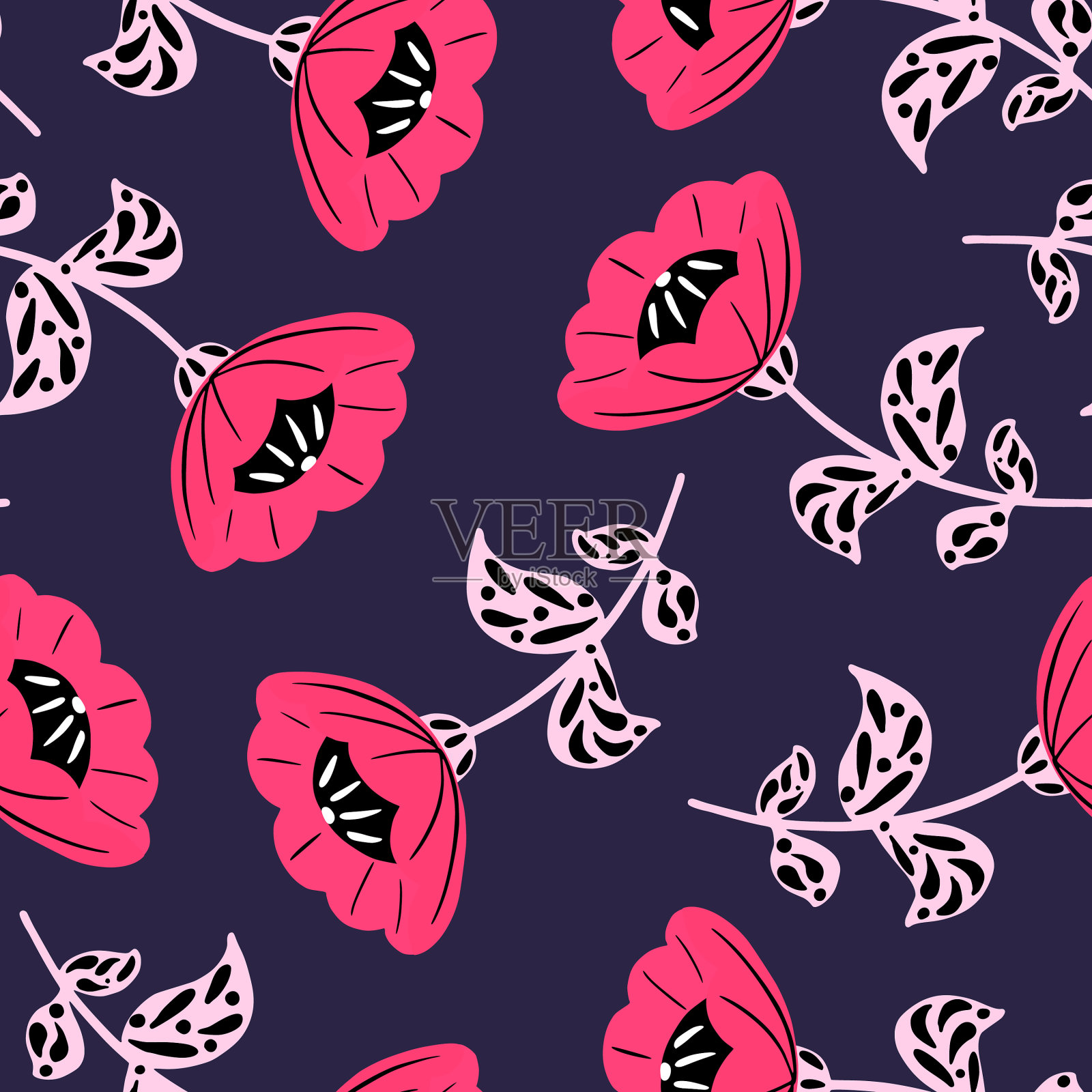 复古的花朵和树叶无缝图案vintage插画图片素材