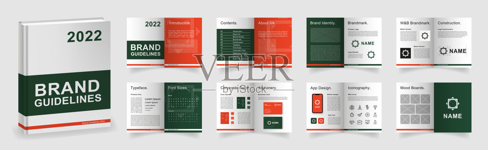 深绿色品牌指南模板。品牌手册以A4尺寸展示。绿色标志指南模型。Logo导览书版面设计模板素材