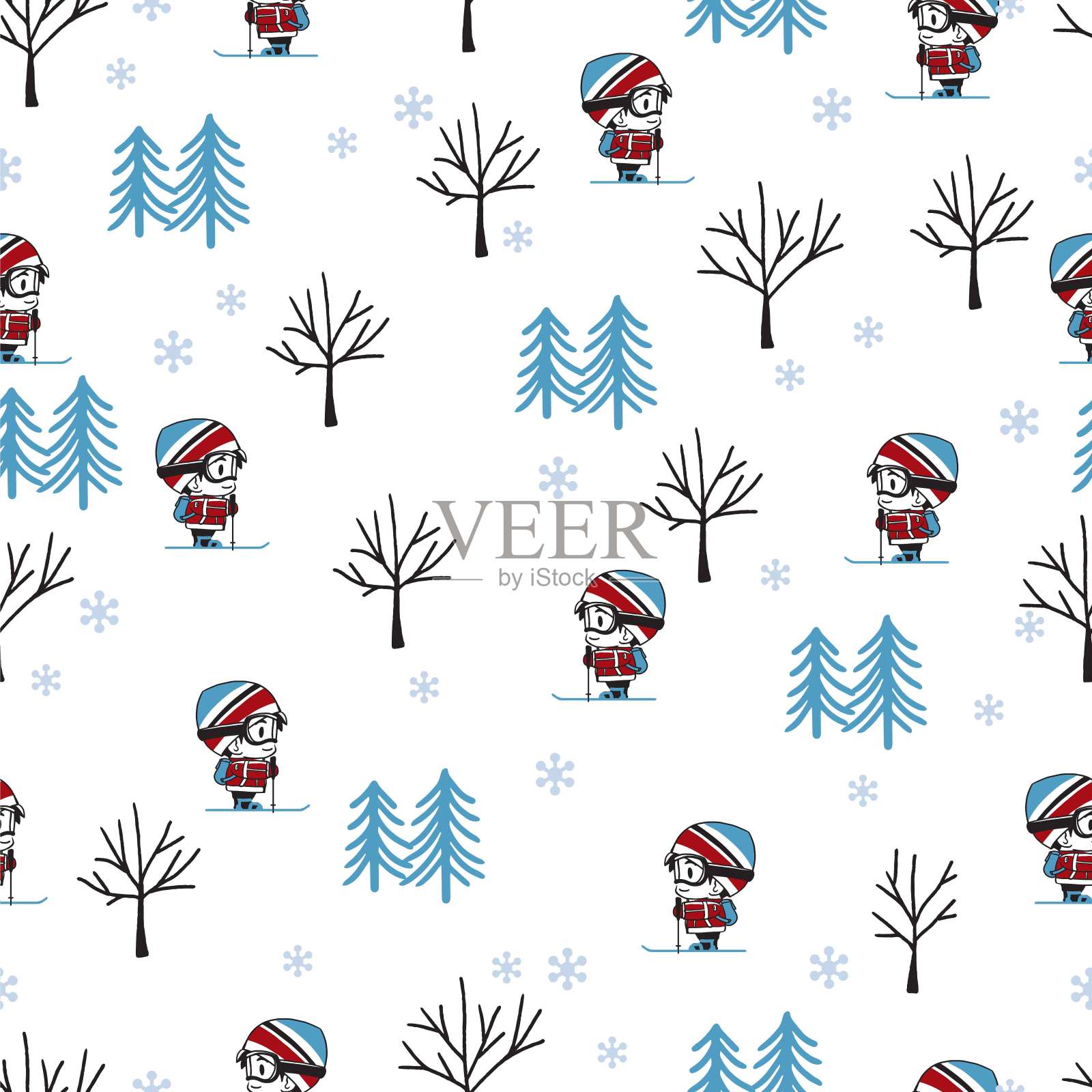 冬天快乐的滑雪男孩矢量图形艺术无缝模式插画图片素材